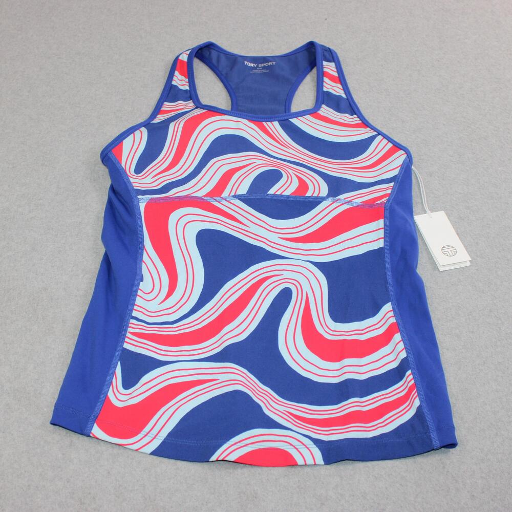 Tory Sport Tank Top Women Medium Blue Tidal Stripe Racerback Shelf Bra Gym